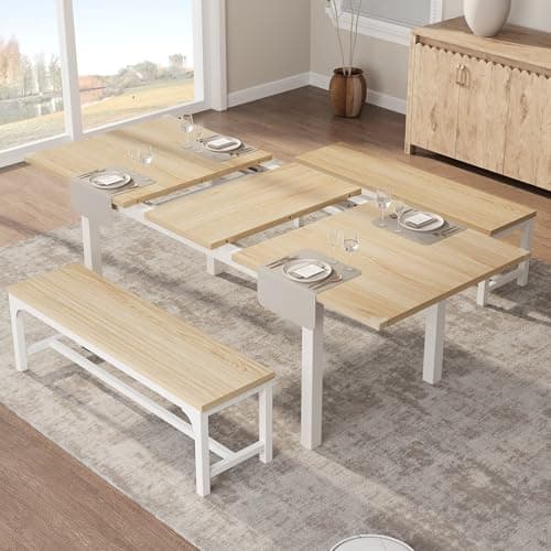 Image of AffinityFurn 63-Inch Extendable Dining Table Bench Set for 4-8 People, Metal Frame with MDF Top & Benches, Space-Saving Kitchen Dining Room Furniture Set