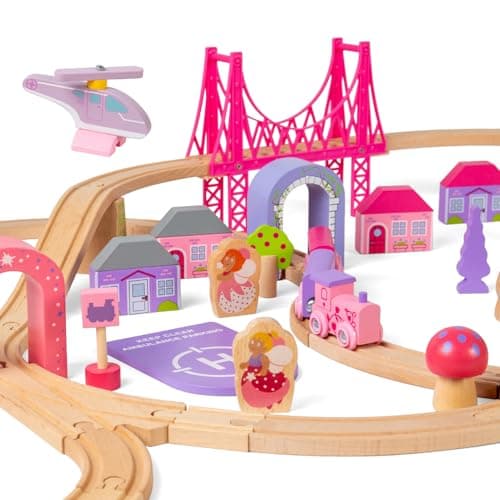 Image of Bigjigs Rail Fairy Town Wooden Train Set | Railway Toy for Kids Age 3+ | Wood Track with Model Fairytale Village | Comes with Pink Wood Accessories & Figures | Educational Gift for Girls and Boys