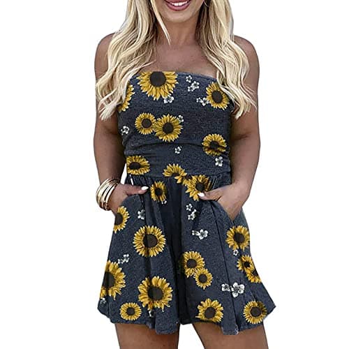 Image of NSICBMNO Bandeau Playsuits with Pockets for Women UK Holiday One-Piece Off Shoulder Jumpsuits Shorts Elastic Waist Strap Playsuit Romper Rompers Strapless Wide Leg Loungewear Beachwear 1-Yellow L