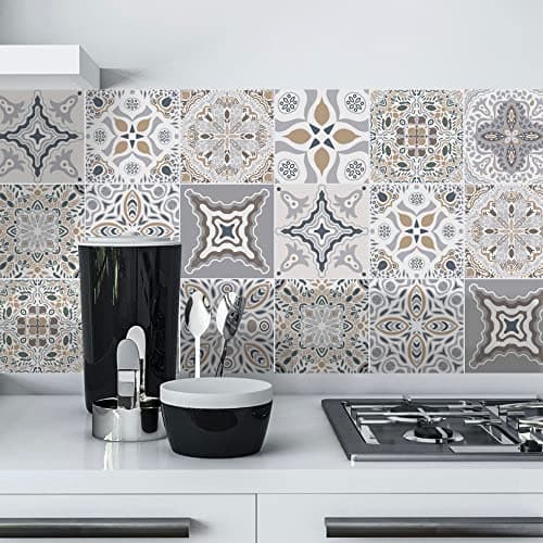 Image of 24pcs Grey Moroccan Tile Stickers, Kitchen Bathroom Wall Tile Stickers Peel and Stick on Tile Transfers Covers Decals Self Adhesive Vinyl Waterproof Vintage Victorian Mosaic (15cm x 15cm, 6x6 inches)
