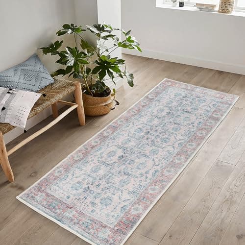 Image of artyrugs Machine Washable Rug, 80x150cm, 75% Recycled Cotton, Short Pile, Non-Slip Backing, Non-Shedding, Suitable for Living Room, Bedroom, Kitchen, Hallway, Office, Pink & Duck Egg Blue