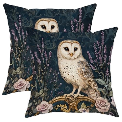 Image of Owl Pillow Covers Set of 2, White Barn Owl Floral Throw Pillows, Cozy Autumn Decorative Square Cushion Covers for Home Sofa Bed Couch 16x16 Inch