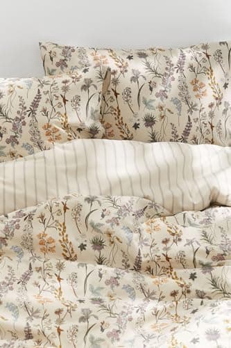 Image of Freyamy Beige Double Duvet Cover Set - 3pcs Aesthetic Floral Bedding Set Chic, Romantic Flower Bedding Set Double Size 200x200 cm and 2 Pillowcases 50x75 cm