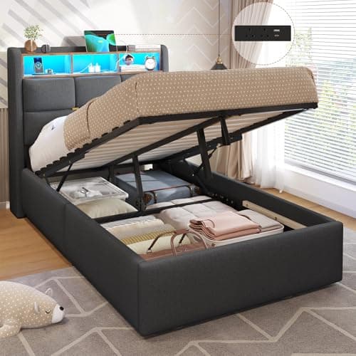 Image of DICTAC Single Bed Frame with Hydraulic Storage and Charging Station 3ft Upholstered Ottoman Lift Up Storage Bed with Headboard and Led Light,90x190 Platform bed with Solid Wood Slats,Grey(No Mattress)