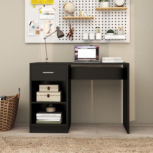 Image of Panana Computer Desk 1 Drawer Home Office Writing Study Desk, Modern Simple Style PC Table, Dressing Desk (Black)