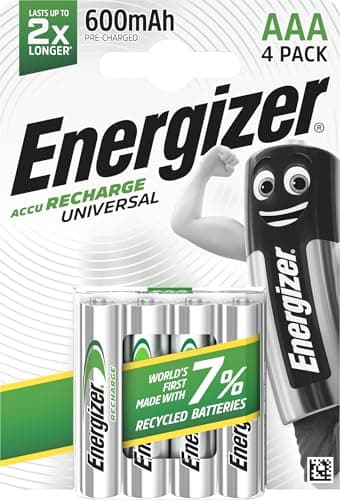 Image of Energizer Recharge Universal - Rechargeable Batteries AAA (4 Pack) - 600 mAh NiMH Triple A Battery - 100% Recyclable Plastic Free Packaging
