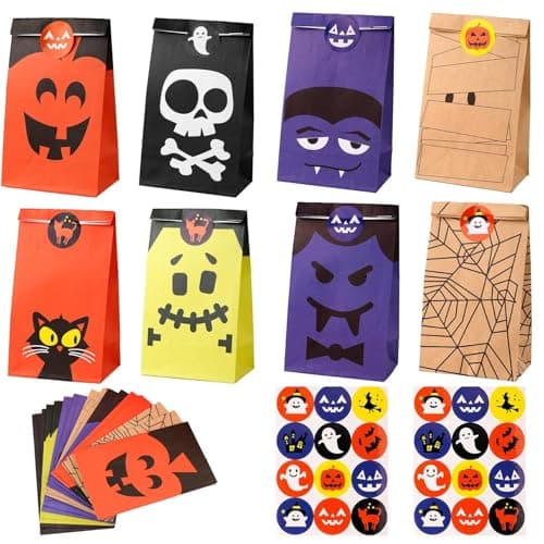 Image of WUBAYI 24 Halloween Ghost Goodie Bags with Stickers, Brown Paper Treat Bags for Kids Party Use & Trick or Treat (10x6x18cm)