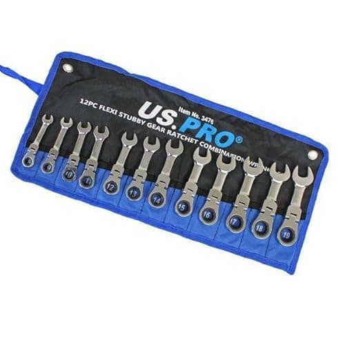 Image of US PRO Tools 12pc Metric Stubby Flexi Ring Gear Ratchet Spanner Wrench Set 8-19mm 3476