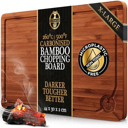 Image of Deer & Oak X-Large Carbonised Cutting Board 44x30x2cm, Pre-Oiled Wooden Bamboo Chopping Board for Carving Meat, Fish, Vegetables, Fruits, Cheese, Bread