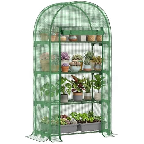 Image of Outsunny 4 Tier Mini Greenhouse for Outdoor, Portable Gardening Plant Green House with Storage Shelf, Roll-Up Zipped Door, Metal Frame and PE Cover, 80 x 49 x 160cm, Green