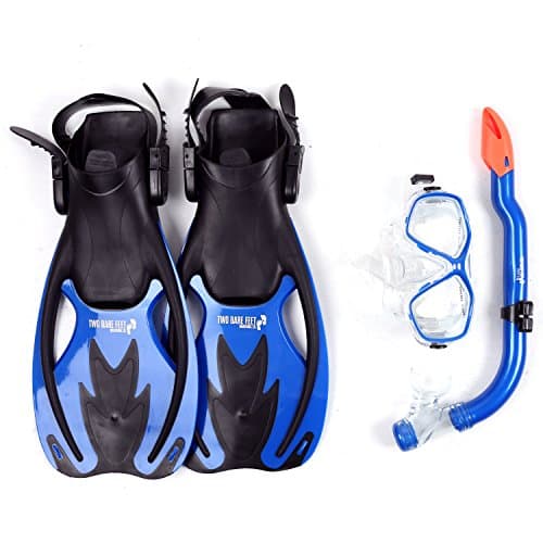 Image of Two Bare Feet Snorkel, Mask and Fins/Flippers PVC Diving Set (Kids) With Anti Fog and Wide View Mask, Anti-Leak, Tempered Glass- Scuba Dive Snorkelling Sets (S-M Childs 9-13, Blue)