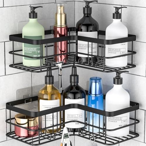 Image of Yazoni Corner Shower Caddy, No Drilling Adhesive Shower Shelf Organiser, 2 Pack Rustproof Stainless Steel Shower Storage Basket for Bathroom (Black)
