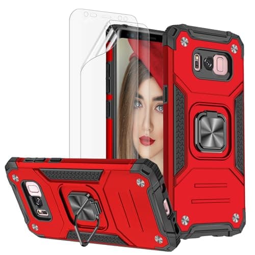 Image of Jeylly for Samsung Galaxy S8 Case with Stand and HD Screen Protector [2 Pack], Heavy Duty Shockproof Hard Back Armor Phone Case with Rotate Magnetic Ring Kickstand for Galaxy S8, Red