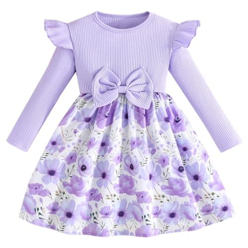 Image of Pilipulu Girls Long Sleeve Dresses Bow Dress A-line Floral Casual Party Dress Knee Length Dressy Dresses Ruffle Detail Round Neck Purple 6 Years