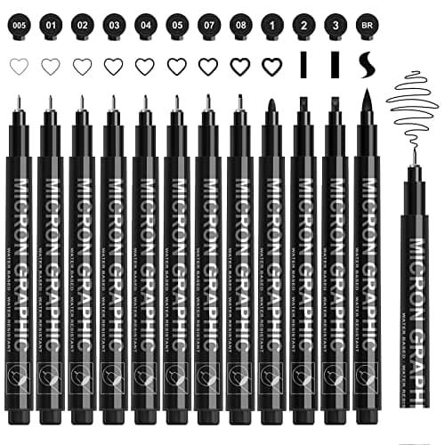 Image of SAKEYR Black Fineliner Pens 12 Pack, 0.05-3.0mm Nibs + Brush Tip, Waterproof Archival Pigment Ink, No Bleed Quick Dry Micro Liner for Technical Drawing Sketching Illustration Manga Bullet Journaling
