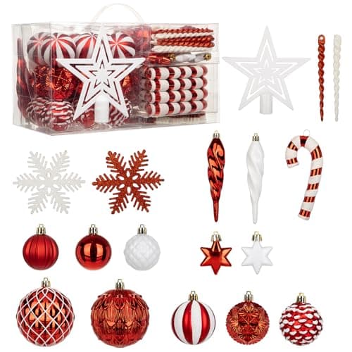 Image of 80 PCS Christmas Baubles Set Glitter Shatterproof Bauble Ornaments with Star Tree Topper, Snowflakes, Candy Canes and Hanging Balls for Christmas Tree Decorations Xmas Wreath Garland, Red and White
