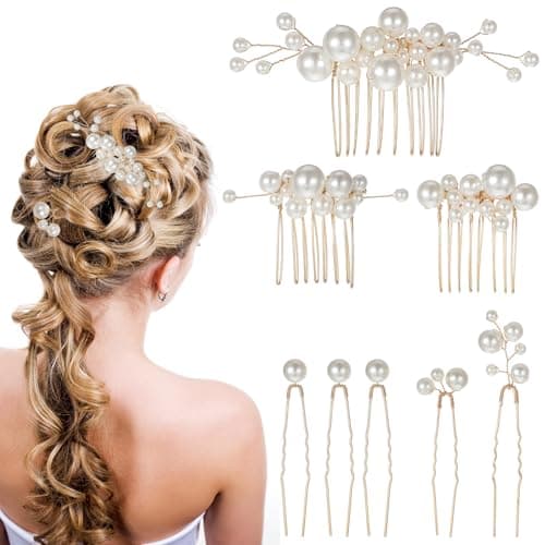 Image of Pearl Hair Combs Set 8 Pcs Wedding Bridal Pearl Hair Pins Elegant Bridal Pearls Headpiece for Brides Bridesmaids