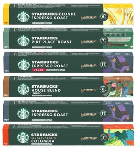 Image of STARBUCKS Variety Pack Coffee Capsules by Nespresso, Flavours inc. Espresso Roast, House Blend Lungo, Pike Place, Colombia, Decaf, Blonde Roast (Pack of 6, Total 60 Pods)