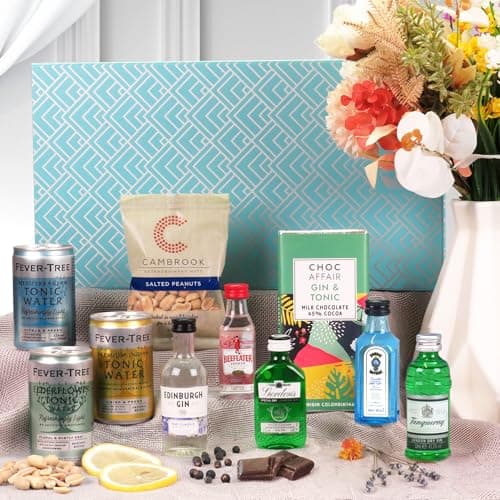 Image of Gin Variety Gift Set Hamper | Gift Set for Gin Lovers with 5x5cl Classic Miniatures, Tonic, Chocolate and Snacks in a Gift Box