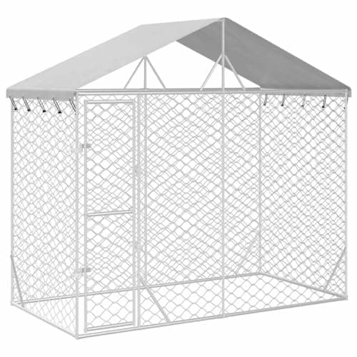 Image of vidaXL Outdoor Dog Kennel with Roof - Spacious Silver Galvanised Steel Enclosure with Lockable Door and Weatherproof Roof - 3x1.5x2.5m
