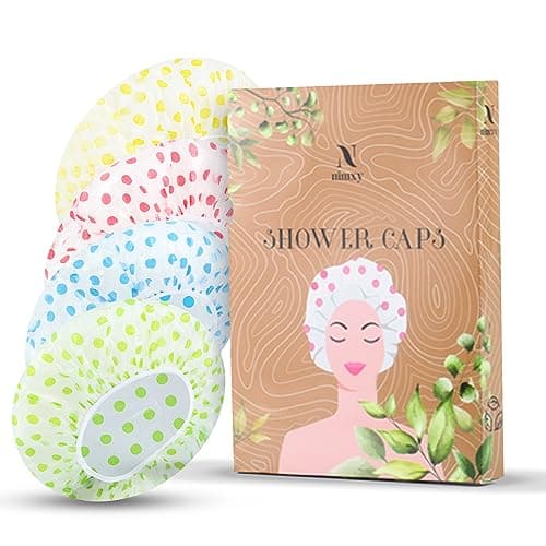 Image of Nimxy Pack of 4 Shower Cap, Reusable Shower Caps For Women & Men - Waterproof with Elastic Band & Soft Lining (Dotted)