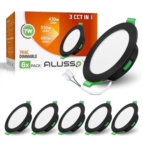 Image of ALUSSO LED Recessed Ceiling Lights, 7W 580LM LED Downlights Dimmable, 30MM Ultra Slim Round Black Spotlights, Warm White/Neutral White/Cool White Adjustable, IP44 Waterproof for Bathroom, 6 Pack