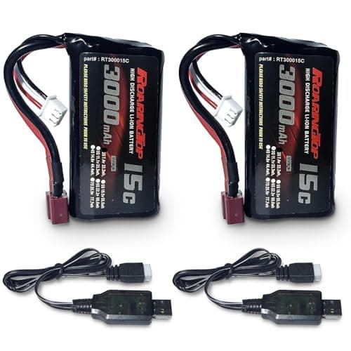Image of RoaringTop Li-ion Battery 7,4V 3000mAh with T Plug Rechargeable Battery for RC Cars High Speed 4WD and Most RC Cars Trucks Scale 1/10, 1/12, 1/16, with 2 USB Chargers