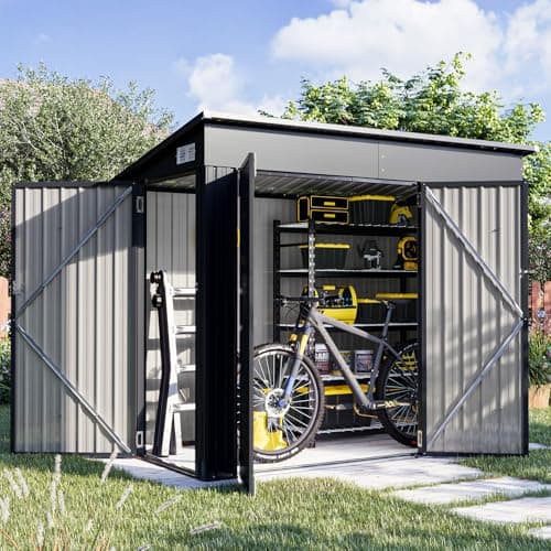 Image of Aoxun 8 x 4ft Outdoor Storage Shed, Bike Storage Shed Waterproof with Triple Lockable Door, Metal Shed, Garden Storage Tool House for Outdoor, Garden, Courtyard, Back Yard