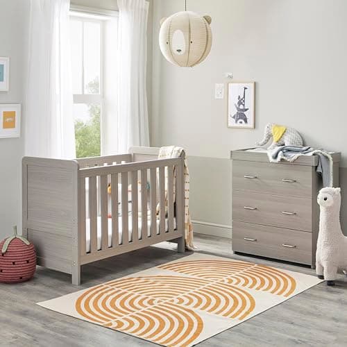 Image of Babymore Caro Mini 2 Piece Nursery Room Set Grey Wash - 1 Baby Cot Bed & 1 Chest Changer With 3 Double Handle Drawers, Wooden Chest Of Drawer Storage Cabinet | 2 Piece Caro Mini Nursery Room Furniture