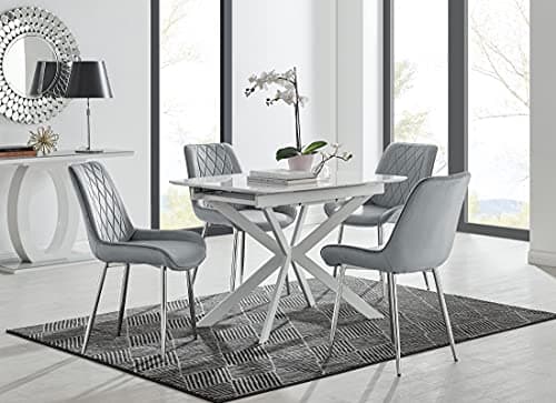 Image of Furniturebox UK Lira White High Gloss 100cm-140cm Extendable Space Saving 4/6 Seater Kitchen Dining Table With Starburst White Metal Legs & 4 Grey Velvet Silver Chrome Leg Pesaro Dining Chairs