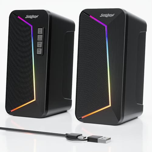 Image of SOULION PC Speakers, USB C/USB Powered Computer Speakers with Volume Control Button, Colourful LED Light, Stereo 2.0, Desktop Speaker with USB/Bluetooth mode for Smartphones, Laptop, Monitor