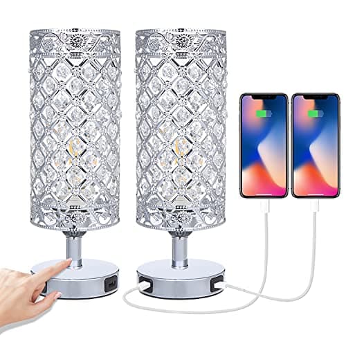 Image of Tomshine Touch Crystal Bedside Table Lamps Set of 2 with USB Charging Port 3-Way Dimmable Modern Silver Table Lamp E27 Base for Bedroom (12W Bulb Included)