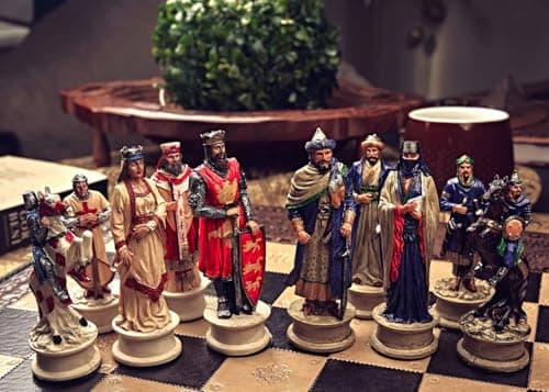 Image of Crusader & Ottoman Wars Handmade Chess Set – Knights & Sultans, King 11 cm, Multiple Boards Options (Standard Box, Walnut Board with Nacre Inlay Set)