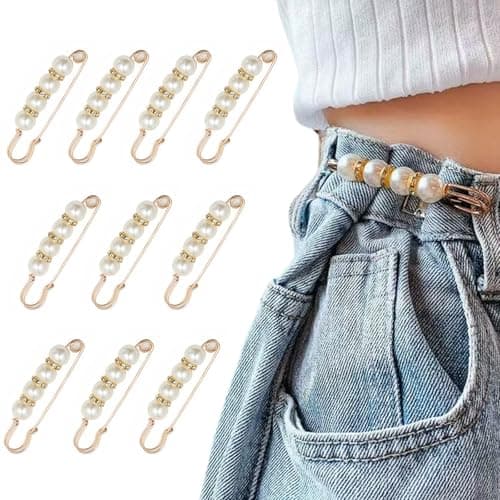 Image of 10 Pcs Heavy Duty Safety Pins with Pearl Embellishment Brooch Pin Decorative Sweater Clips for Cardigans, Pants, Clothes, Golden, 5.3X1.5X0.8CM