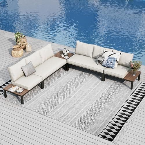 Image of PHI VILLA Garden Furniture Metal Corner Sofa 6 Seaters, L shaped Outdoor Conversation Sofa Couch Set, 5 Pieces Patio Sectional Furniture Sets with Thickened Cushions, Beige