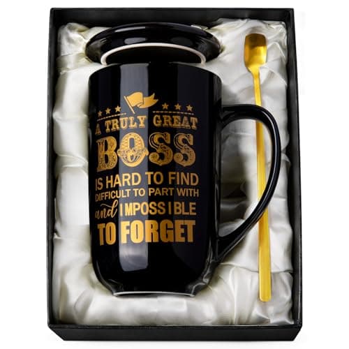 Image of Doublewhale Boss Gifts, Best Boss Mug Gifts for Men on Birthday, Leaving, Going Away, Retirement, Boss Day, Christmas 18OZ Black Ceramic Coffee Mug with Spoon Lid Card, Nice Gift Box