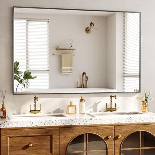 Image of BEAUTYPEAK Rectangular Wall Mirror, 120 x 75 cm Bathroom Mirror with Gold Aluminium Frame, Shatterproof Wall Mirror for Bathroom, Bedroom, Living Room, Rectangular Bathroom Mirror