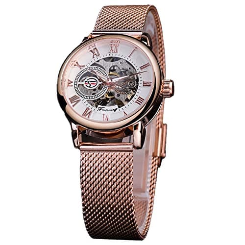 Image of FORSINING Women Automatic Mechanical Watch Luxury Skeleton Golden Dial Stainless Steel Mesh Band Roman Numerals Self-Wind Watch,Rose Golden