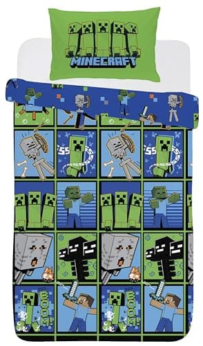 Image of Minecraft Duvet Cover Set Single Creeper Design Bedding Set with Pillowcase Blue Green