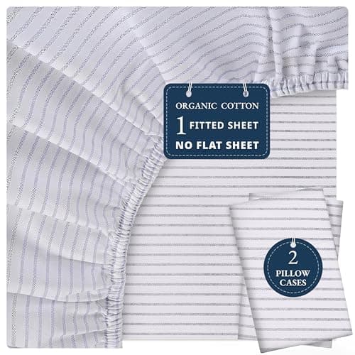 Image of LANE LINEN 100% Organic Cotton Fitted Sheet Double – Soft & Breathable Bottom Sheet with 2 Pillowcases, 35 cm Deep Pocket, All-Around Elastic – Natural Bed Sheet Set - Ticking Stripe Blue