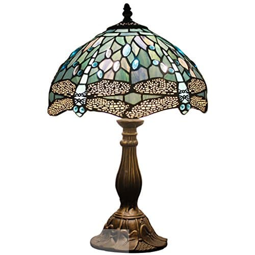Image of WERFACTORY Tiffany Lamp Sea Blue Stained Glass Table Lamp 12X12X18 Inches Dragonfly Style Desk Reading Light S147 Series