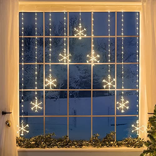 Image of CHRISTOW Christmas Curtain Lights for Windows, 9 Snowflake String Light Decoration, 325 Warm White Micro LEDs, Indoor Outdoor Home Garden Xmas Lighting, Mains Powered with 5m Cable (H1.2m x W1.2m)