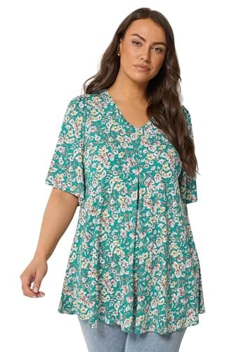 Image of Yours Curve Green Floral Pleat Front Top - Women's - Plus Size Curve