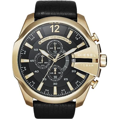 Image of Diesel Watch for Men Mega Chief, Chronograph Movement, 51 mm Gold Stainless Steel Case with a Leather Strap, DZ4344