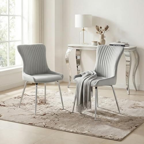 Image of Furniturebox UK Nora Dining Chairs - 2x Light Grey Velvet Upholstered Chairs with Silver Chrome Legs - Modern Wingback Design with Vertical Stitching - Contemporary Dining Room Seating Set