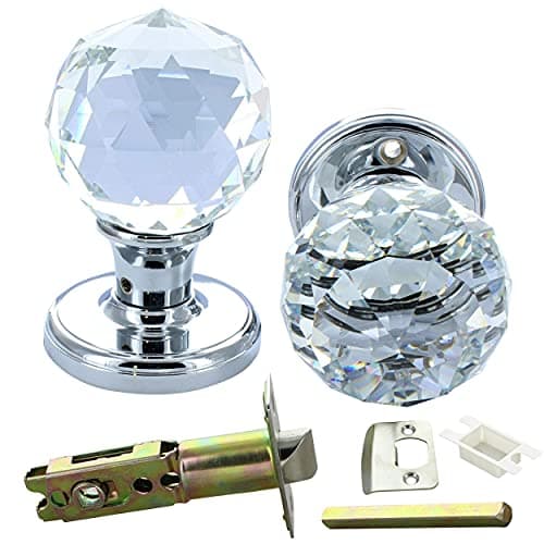 Image of G Decor Crystal Glass Mortice Door Knob Pair – 60mm Clear Round Handles with Chrome Rose & Premium Adjustable 60–70mm Tubular Latch – Internal Door Handles for Bedroom, Living Room & Hallway