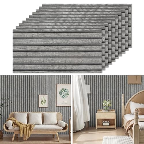 Image of Tarwanear Self Adhesive Tiles Stickers 60 x 30cm 10PCS Wood Slat Effect Wall Tiles Bathroom Waterproof Peel and Stick Wall Moulding Panels PET Stick on Tile for Home Decor,Grey