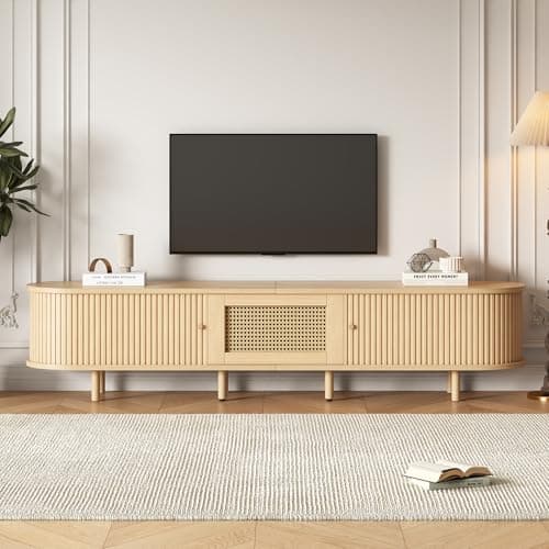 Image of Merax Rattan TV Stand for 70 Inch TV, 180cm Oval TV Unit, TV Cabinet Storage Sideboard, Light Wood TV Console with Rounded Corners for Living Room