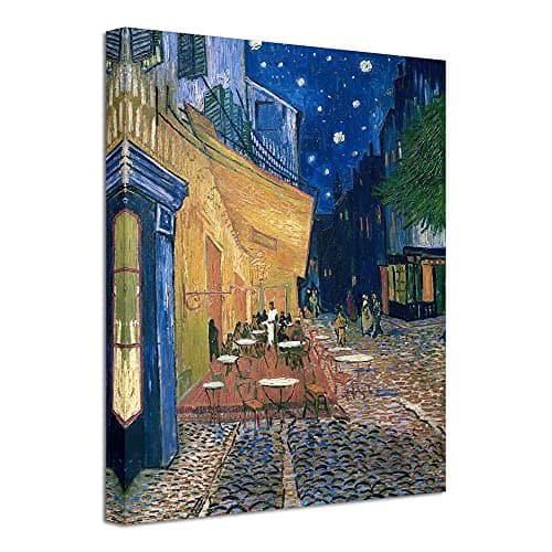 Image of Wieco Art - Cafe Terrace at Night Modern Stretched and Framed Giclee Canvas Prints Van Gogh Oil Paintings Reproduction Cityscape Picture on Canvas Wall Art Ready to Hang for Bedroom Kitchen Home Decor