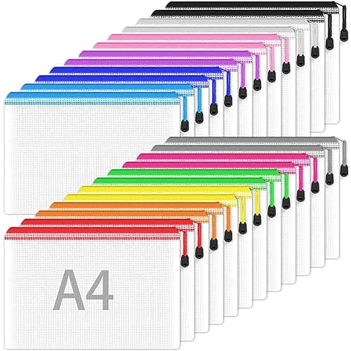 Image of Smarpau 24PCS Plastic Wallets A4, Plastic Document Folders A4 Zip Wallet, Zip Lock Bags Mesh Zipper Bag for School Office Travel Storage (12 Colour)